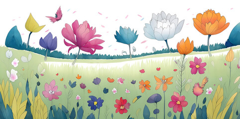 Fototapeta na wymiar Colorful flower meadow in spring paint. AI generated illustration