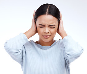 Stress, headache and hands of woman on head for anxiety, vertigo and brain fog on white background. Migraine, noise and female with sensitive ears, pain and hearing loss, damage or trauma in studio