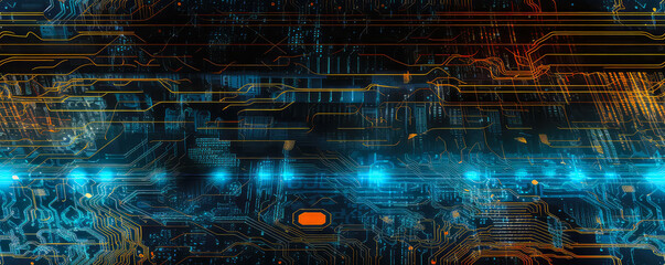 red orange an light blue circuit board background as repeating tile pattern, endless banner or wallpaper, glowing tracks, Generative AI.