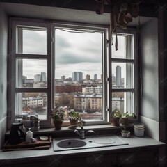 City panorama seen from the window in the kitchen, Generative AI