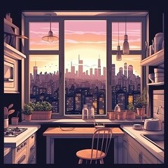 City panorama seen from the window in the kitchen, Generative AI