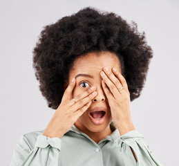 Black woman, shock and hands cover eyes in studio for surprise, wow and omg reaction on white background. Emoji mockup, wow face and portrait of girl shocked for news, announcement and gossip