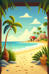 Tropical beach paradise with crystal clear water  Forest landscape rope bridge forest cartoon illustration, sea, beach, island, water, ocean, tropical, sky,	