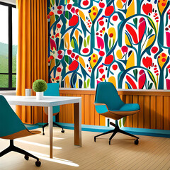 interior of a room with a table and a floral pattern on the wall