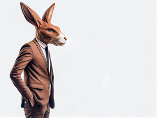A man with a rabbit's head and in an office suit, on a gray background. Generative AI