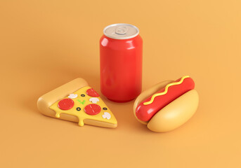 pizza, hotdog and soda can isolated on orange background. 3d render illustration. 3d junk food