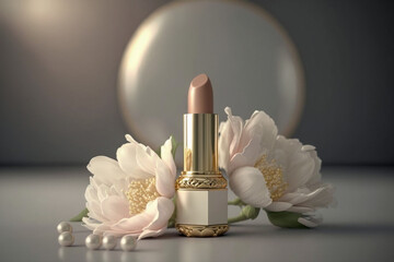 Female lipstick on the table. Super photo realistic background, generative ai illustration