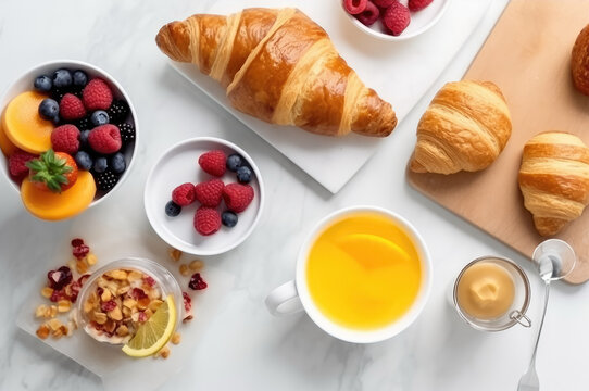 Continental breakfast on white table, flat lay. Croissants with fruits and berries. Generative AI