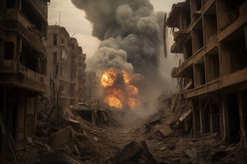 戦争で爆撃を受けた街、火災と倒壊した建物やビル 