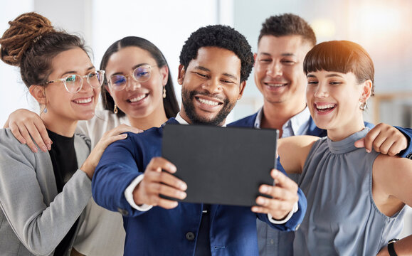 Selfie, office smile and business people in group staff or team building, tablet photography or online diversity post. Professional friends, career influencer or employees in teamwork profile picture