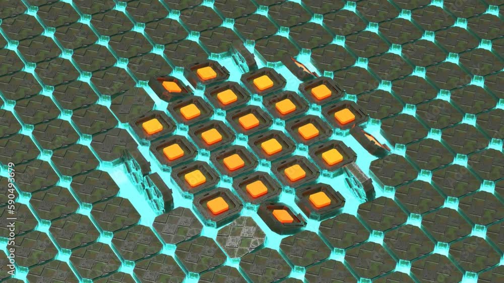 Poster loop 3d animation of the movement of metal tiles. the cubes turn with the glowing side and return to