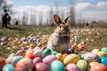 Photo of cute fluffy easter bunny sitting on pile of colorful easter eggs on a spring meadow, generative AI