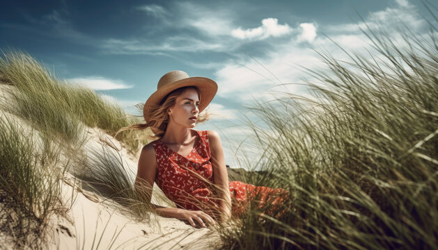 Beautiful danish girl enjoying the sun and nature in the summer along the coast of Denmark