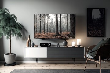 Television put on wood table tv stand on foreground in Boho interior room background white wall, AI Generative