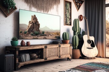 Television put on wood table tv stand on foreground in Boho interior room background white wall, AI Generative