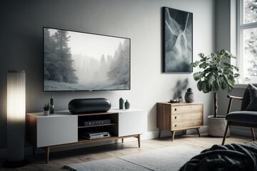 Television put on wood table tv stand on foreground in minimal interior room background white wall, AI Generative