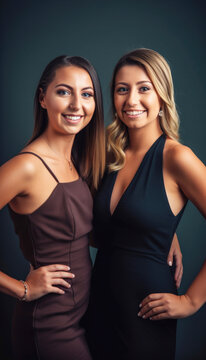 Two beautiful happy female best friends forever wearing cocktail dresses at a party