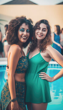 Two beautiful female best friends forever wearing cocktail dresses at a pool party