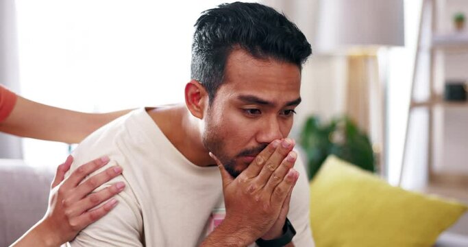 Support, grief and couple on couch, comfort and mental issue in home, help and bad news in lounge. Partners, man and woman in living room, care and loss with sadness, depression and anxiety on sofa