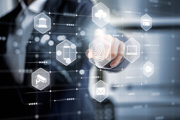 Access security personal financial data on scan fingerprint identification, biometric authentication cybersecurity, innovation technology cybernetics into Big data businesses, Bank and Cloud Computers