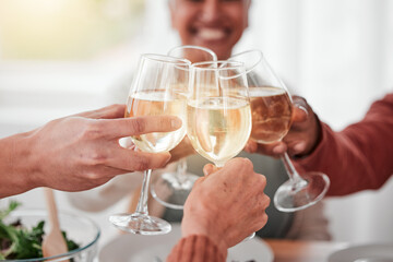 People, hands and cheers for happy dinner, fine dining or celebration for meal or friendship...