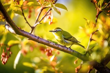 yellow and green bird in a tree on a branch with green leafs