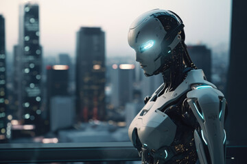 Fototapeta na wymiar Artificial intelligence robot looking at the city. Futuristic concept. Generative AI