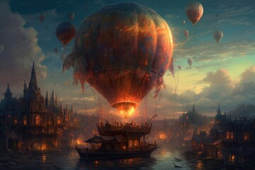 Fototapeta na wymiar Enchanted Skyline: A beautiful fantasy illustration of a hot-air balloon powered by magic, floating over a twinkling city at night 13
