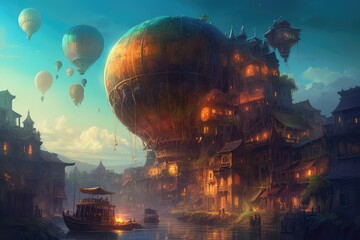 Fototapeta na wymiar Enchanted Skyline: A beautiful fantasy illustration of a hot-air balloon powered by magic, floating over a twinkling city at night 12