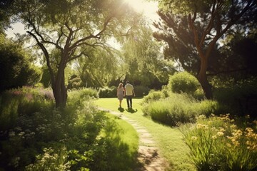 Obraz na płótnie Canvas couple walking in a green garden