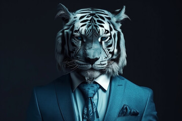Realistic portrait of a Tiger in a classic blue suit and glasses. Illustration of Generative AI. The bodyguard. Mafia.