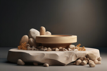 Fototapeta na wymiar Natural round wood stand for product presentation, surrounded by rocks, neutral background. Nature scene. Wood frame showcase. Abstract minimal studio 3D. Generative AI