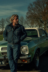 Man leans against front of a vintage american muscle car in sunny countryside.