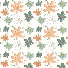 Cute daisy vector pattern background, retro flowers, groovy flower