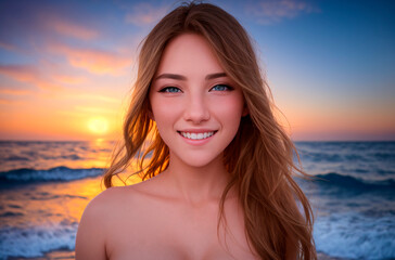 Naklejka premium Naked woman on background of seascape. Portrait of young female smiling on background of ocean, sea at sunset. Generative AI.