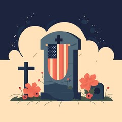 grave in cemetery with red flowers and flag of the united states created with Generative AI technology