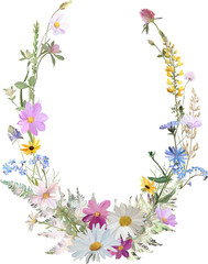 oval frame with wild flowers and herbs