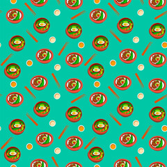 Fototapeta premium Vector pattern with Japanese food, ramen soup in cartoon style.