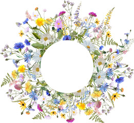 round frame with meadow flowers and herbs