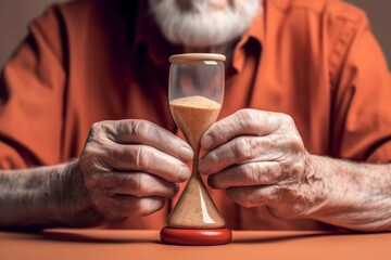 Close-up of an elderly man's hands holding an hourglass with sand almost run out, symbolizing the passage of time, aging, and memory loss related to Alzheimer's and dementia. Generative AI - obrazy, fototapety, plakaty