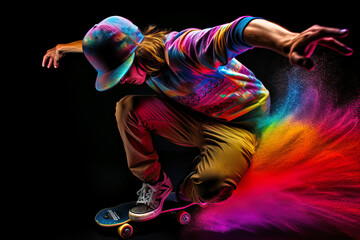 Skateboarder performing a low position drive or jump, vibrant rainbow colors, black background with orange, red, violet, neon, particles. Generative AI