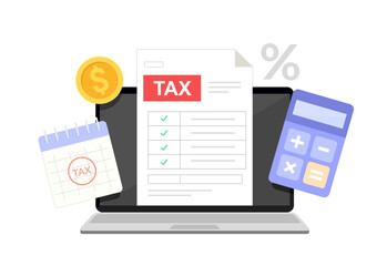 Online tax payment concept. Filling tax form. Calculation of tax return. Laptop with tax form, calculator and calendar. Flat vector illustration. - obrazy, fototapety, plakaty