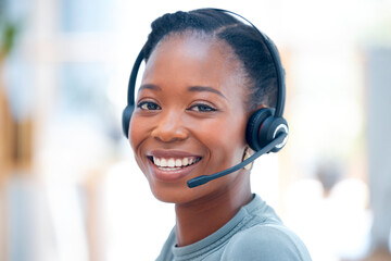 Happy, portrait and a black woman in call center with a smile for consulting and telemarketing....
