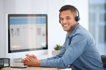 Call center portrait, computer or friendly man in communication for telecom customer services....