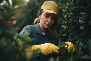 Female Garden worker in apron cuts the bushes with scissors in the yard. Generative AI