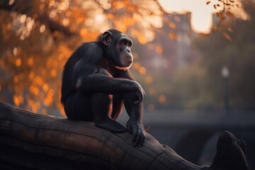 Chimp sitting on a tree branch in park at sunset. Generative AI
