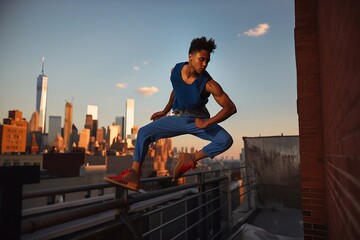 Acrobat jumping off wall at dusk. Generative AI