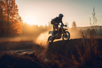 Motocross Motorcycle Rider Drives Over the Dirt Road Track. Generative AI