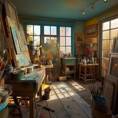 Interior of artist studio with painting supplies. Generative AI - obrazy, fototapety, plakaty