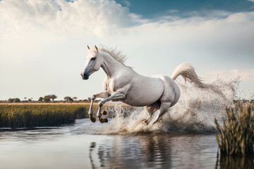 Obraz na płótnie Canvas A horse galloping across marshlands. Generative AI